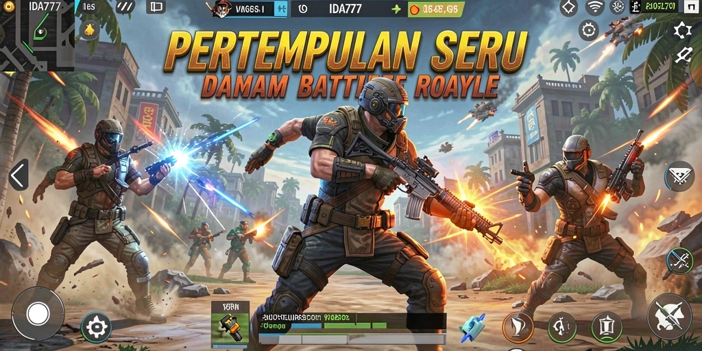 Tangkapan layar utama IDA777 menampilkan aksi intens dalam pertempuran Battle Royale.