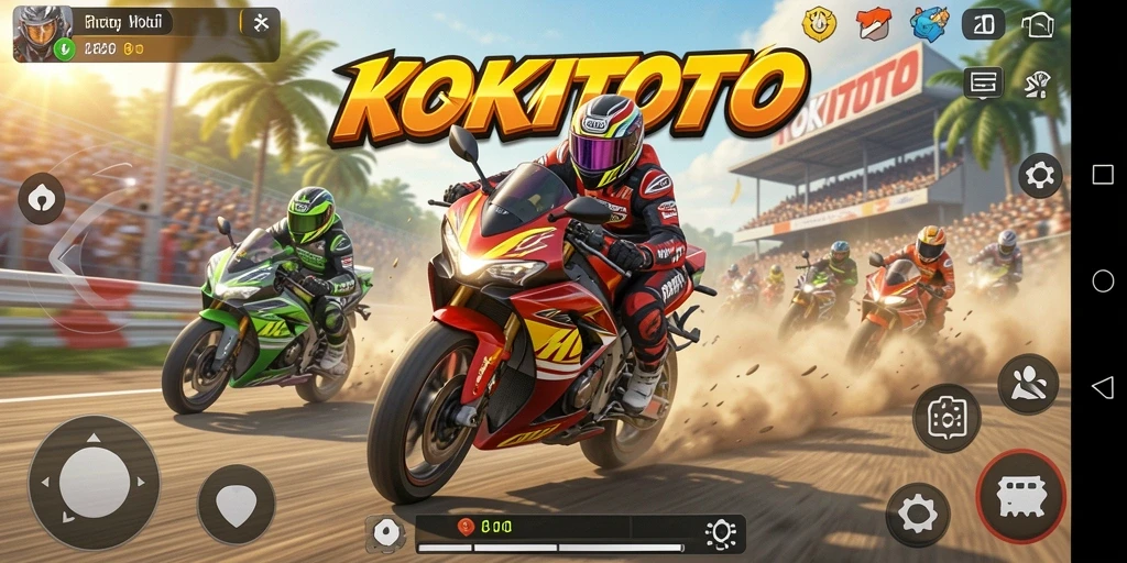 Screenshot gameplay KOKITOTO menunjukkan balapan motor yang penuh aksi dan kecepatan.