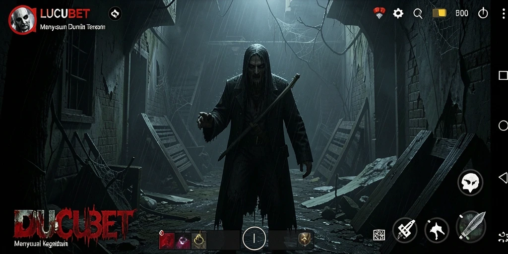 Tampilan gameplay menegangkan LUCUBET penuh dengan kegelapan dan misteri.