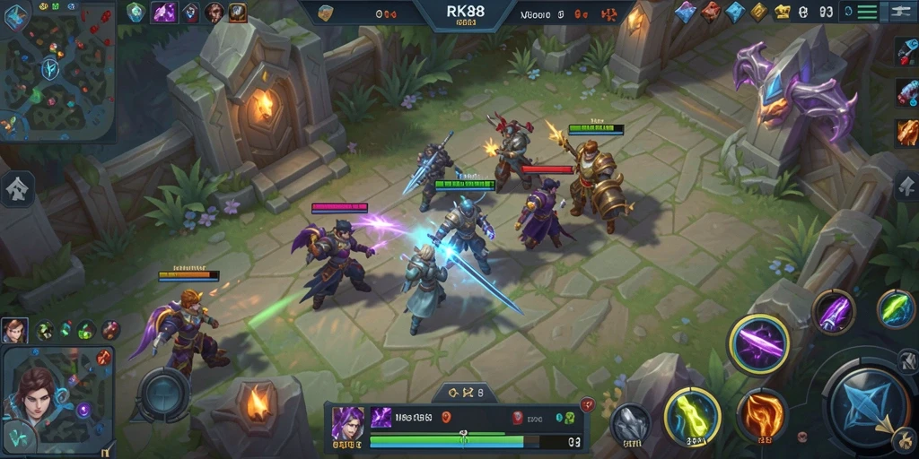 Gameplay seru dalam aksi MOBA RK88 yang menantang.